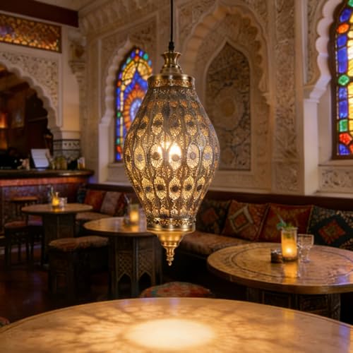 Image of Moroccan Pendant Light, 19.7 inch Retro Metal Turkish Ceiling Pendant Lamp Brown Iron Hollow Shade Adjustable Gold Hanging Lighting for Restaurant Cafe Kitchen Island, Arabic Hanging Fixtures