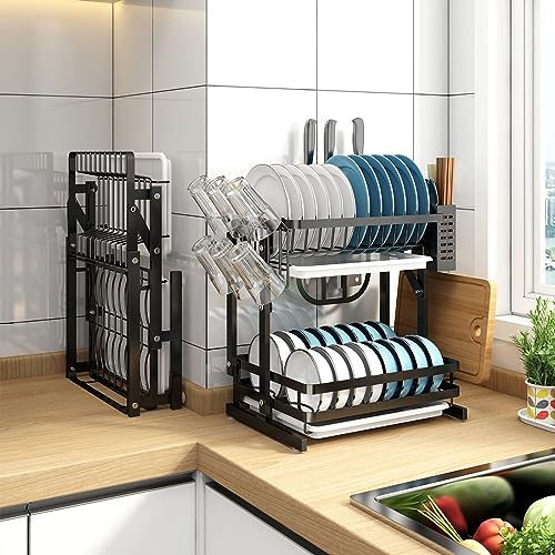 Escurridor para platos/secador/escurridor/escurridor sobre fregadero, soporte plegable de 2 niveles con bandeja de goteo, acero inoxidable, revestimiento negro