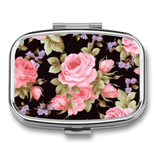 Portable Pill Organizer Pink Rose Small Pill Box 2 Compartment Medicine Vitamin Organizer Travel Medicine Organizer with Mirror & Button Closure Cute Medication Case for Purse