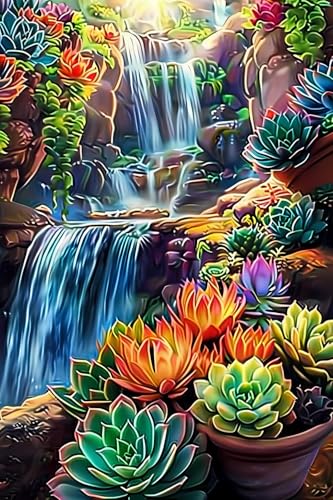 POEOIEX 5D Succulents Before The Waterfall Diamond Painting Kits for Adults, Succulent DIY Full Round Drill Gem by Number Kits Arts and Crafts for Home Wall Decor Gifts 16x20 inch