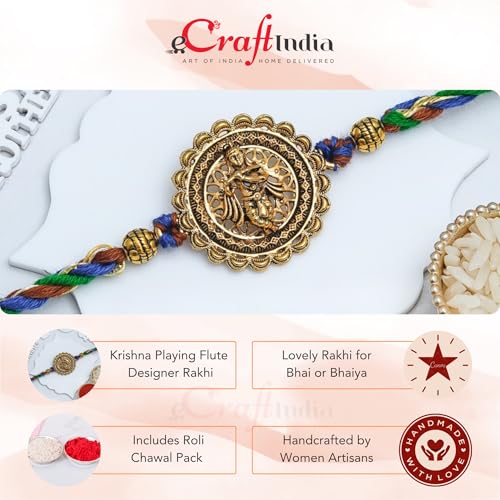 Image of eCraftIndia Krishna Playing Flute Rakhi for Brother Bhaiya Bhai with Best Bro Ever Fridge Magnet | Roli Chawal Pack