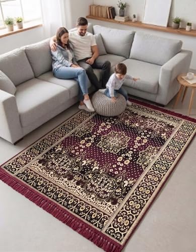 Image of 5x7 Feet Carpet for Living Room | Acrylic Cotton Area Rug | Soft, Durable & Lightweight | Anti-Slip Floor Rug for Bedroom, Hall, Office | Large Washable Carpet (Golden Pink)