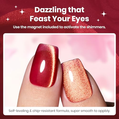 Image of Beetles Red Cat Eye Gel Nail Polish - 15ML Cherry Red Glass Magnetic Cat Eye Glitter Gel Polish with Gold Powder Soak Off UV Twilight Toast Collection Nail Art Design Manicure Gifts for Women