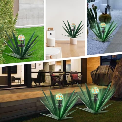 Image of TOMBABY Solar Rustic Garden Style Metal Agave Plants Outdoor Patio, Home Decor Hand-Painted Metal Agave Garden Patio Statues, Suitable for Desert Areas, Outdoor Lawn Decorations (3 Solar Green)