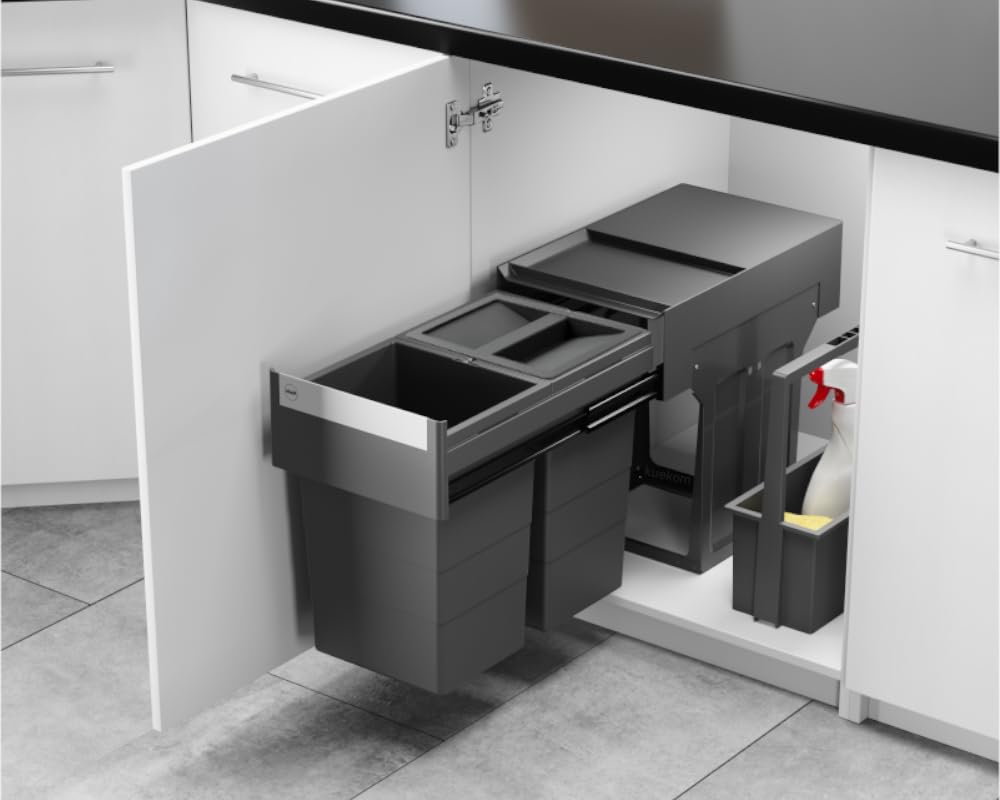 Hailo Abfallsammler 3666903 | Einbau-Mülleimer mit 2x 13L Abfalltrennung | Mülltrennsystem mit einem beliebig nutzbaren Biodeckel | Tandem-Auszug für Küchenschrank | Platzsparendes Abfallsystem