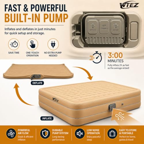 Image of Inflatable Air Mattress Double Bed with Built-in Electric Pump, Queen Air Bed, Foldable Portable Waterproof Sleeping Mattress for Home, Camping, Travel & Guests, 1 Year Warranty