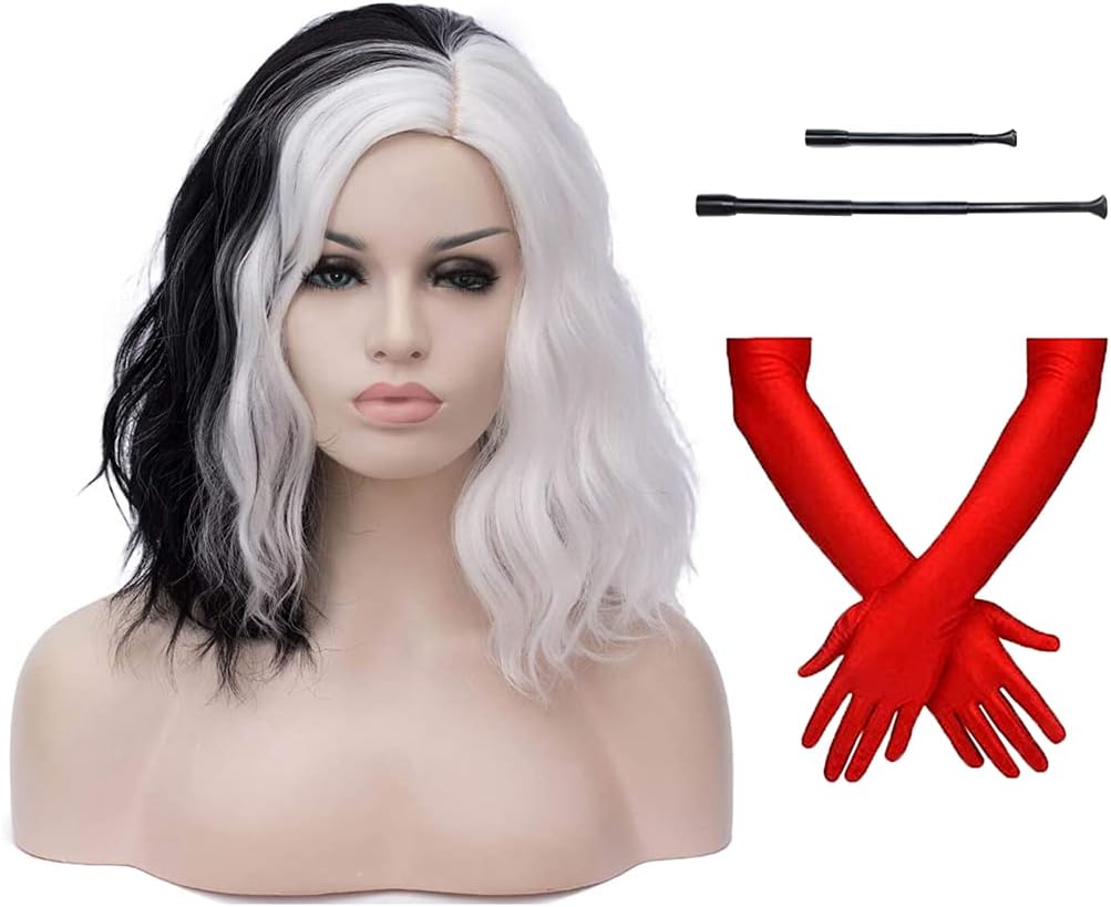 Mersi Black and White Wigs for Women Girls Cruella 33cm Short Curly Wavy Hair Wig with Bangs Cute Colourful Synthetic Wigs for Party Halloween S080BW