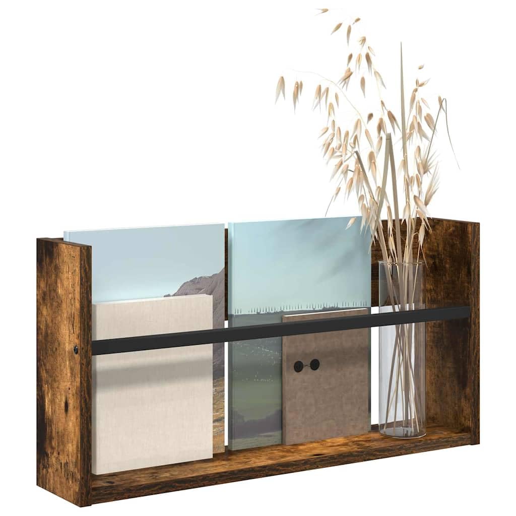 Regał na magazyny, dąb wędzony, materiał drewnopochodny, 60 x 12 x 30 cm, montowany na ścianie, z 1 regałem na deski do salonu, biura, korytarza, kącika do czytania, do oszczędzającego
