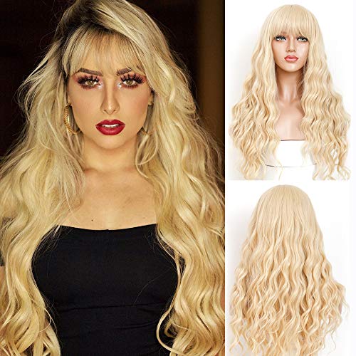 HELENE Blonde Wig With Bangs Natural Loose Wave Wig Glueless Long Wavy Synthetic Wig for Women Blonde Wigs Glueless Bangs Wigs Long Narural Curly High Density Synthetic 26inch