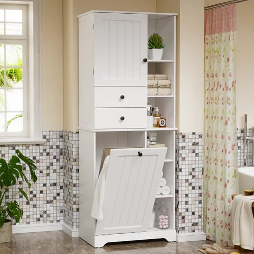 Badezimmerschrank Schmal mit verstellbarem Regal Badschrank Hochschrank mit 6 Ablagen,2 Schränke & 2 Schubladen Schmales Badregal Mehrzweckschrank 60CM Breit platzsparendes Badmöbel,Weiß 60x40x170.2CM