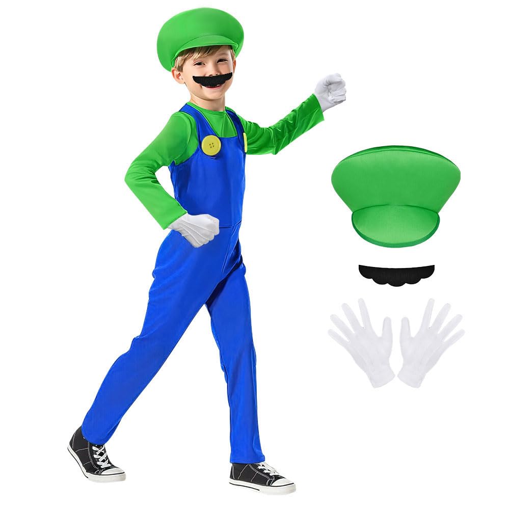 AOOWU Mario Costume for Kids, 4PCS Kids Mario Costume Set with Mario Jumpsuit, Cap, Beard & Gloves, Mario Luigi Bros Plumber Fancy Dress Outfit for Boy Girl Halloween Cosplay Carnival Party (Green, S)