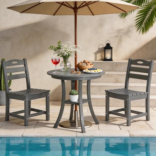 3 Piece Outdoor Patio Bistro Set with Umbrella Hole, HDPE 29.7" Round Dining Table & Porch Chairs Set of 2, Outdoor Patio Furniture Set with Bistro Table and Chairs for Balcony Backyard, Charcoal Gray
