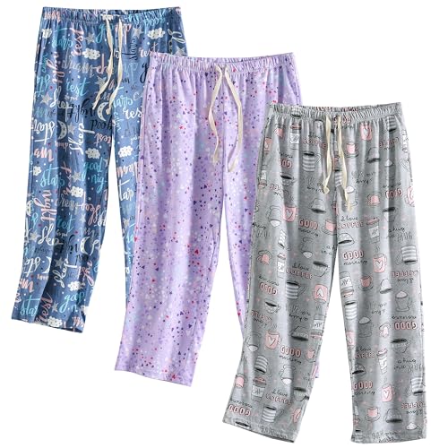 Image of PNAEONG 3 Pack Women Pajama Pants Capri Length Drawstring Pj Bottoms Sleep Lounge Pants with Pockets S-3XL