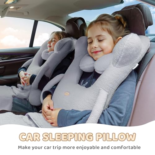 Image of FLORICH Car Sleeping Travel Pillow for Kids, Kids Travel Pillow Removable H-Shaped Pillow for Adults and Children to Support Head and Body Road Trips with Neck Pillow and Blanket (Grey)