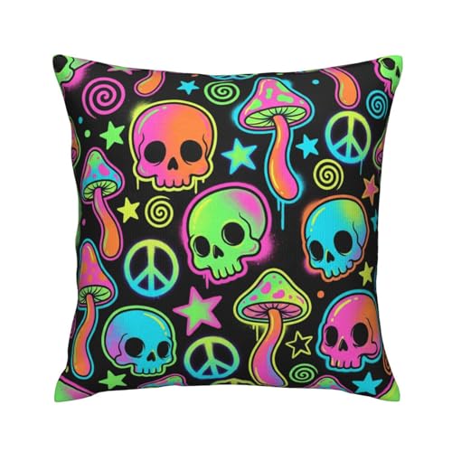 XBFCDN Neon Skull & Mushroom Throw Pillow Cover, 18x18 Inch Psychedelic Gothic Decor, Double-Sided Soft Plush Cushion Case for Couch, Bed, Living Room