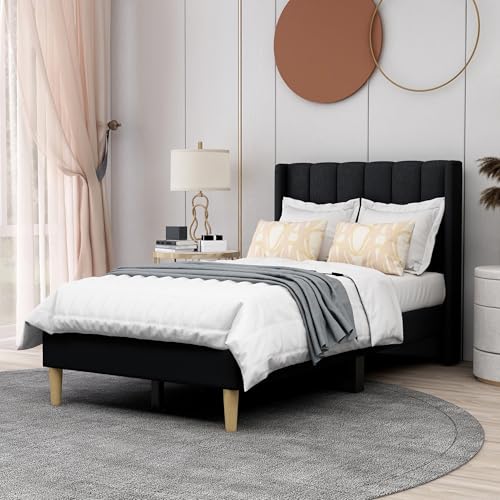 Image of AGARTT Upholstered Platform Bed Frame Twin Size, Black Linen