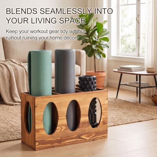 Image of Sintuff Vintage Wood Yoga Mat Holder Storage Organizer Floor Standing Foam Roller Holder Rack for Home Yoga Mats Gym Sports Exercise Accessories Dumbbell Resistance Bands
