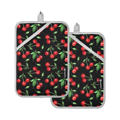Krafig Cherry Pattern Pot Holder Set of 2, Kitchen Heat Resistant Potholder for BBQ Cooking Baking Microwave, Oven Hot Pads for Women Men