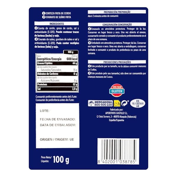 Hacendado Couennes de Porc Frites, Nature, Sans Gluten, 100g, Sachet de 8 Paquets, Spécialité Espagnole