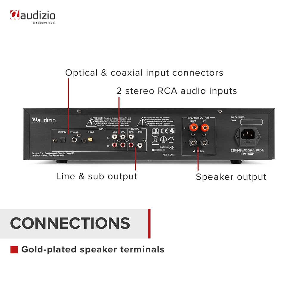 Audizio AD220B - Hifi-Verstärker, 2 x 200 Watt 2.1 Audio-Verstärker mit Bluetooth-Funktion, Schwarz
