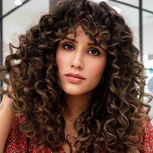 LONAI Curly Wig with Bangs for Women Long Brown with Highlight Kinky Wigs with Bangs Curly Gorgius Shag Synthetic Wig for Daily Use Party Halloween Cosplay