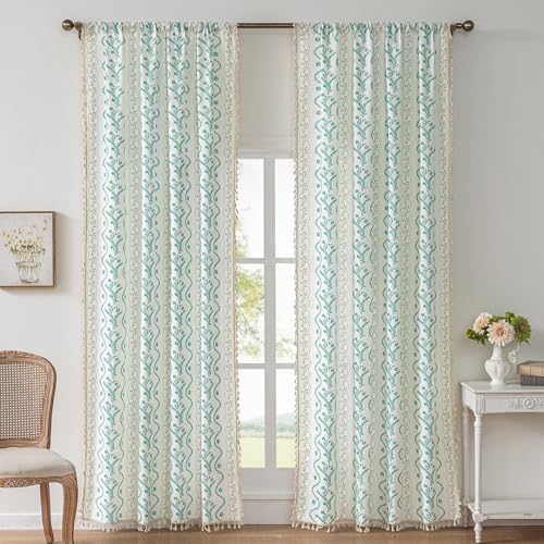 Image of Boho Curtains 96 Inch Long for Living Room, Bedroom,Sky Blue on White 2 Panels Floral Farmhouse Vintage Tassel Semi Sheer Light Filtering Privacy Window Curtain Drapes with Rod Pocket