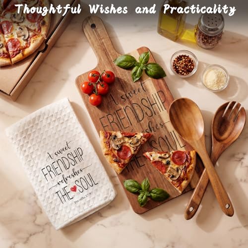 Juego de 7 piezas para amigas: tabla de cortar de madera de acacia, cuchara y tenedor de ensalada, paño de cocina impreso, bolsa de PVC transparente, ramitas artificiales y cinta de cáñamo — regalo ideal para cumpleaños, Navidad o sorpresa miniatura 5