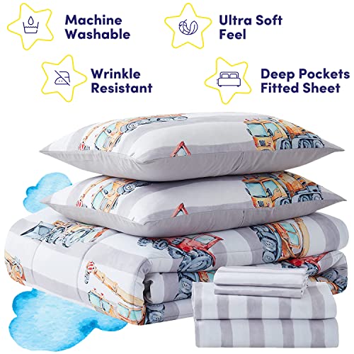 Image of Kids Bedding Set Bed in a Bag for Boys and Girls Toddlers Printed Sheet Set and Comforter , Twin, Trucks