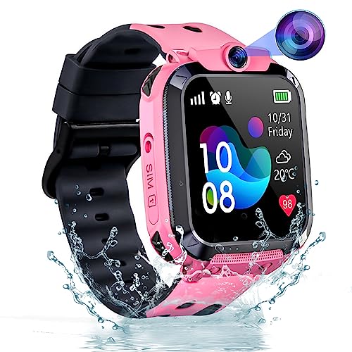 Smartwatch Kinder, Kinder Smartwatch mit GPS und Telefon, Wasserdicht Smart Watch Kinderuhr GPS mit IP68 SOS Anruffunktion Spiel Voice Chat Wecker Schulmodus für Jungen Mädchen Student Geschenk