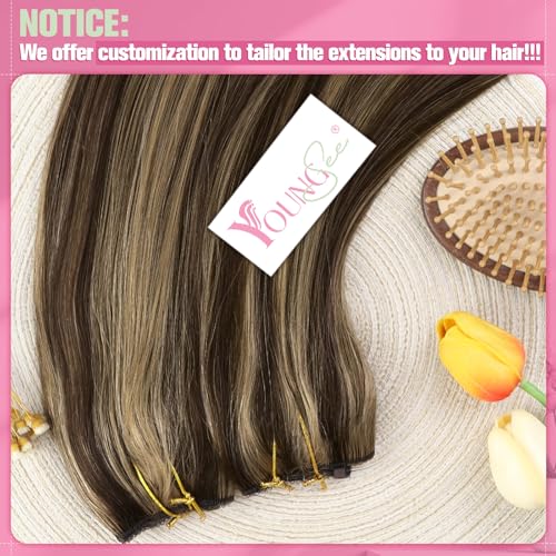Image of YoungSee Wire Hair Extensions Highlight Wire Human Hair Extensions Dark Brown Highlights Caramel Blonde One Piece Hair Extension Short Straight Hair 12inch 75g