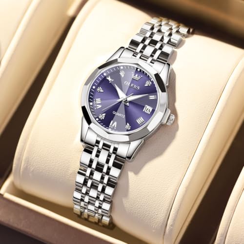 Image of OLEVS Watches Women with Date Silver Stainless Steel Luxury Ladies Watches with Small Writs Diamond Watches for Women Waterproof Elegant Dress Quartz Analog Women's Wrist Watches Reloj de Mujer