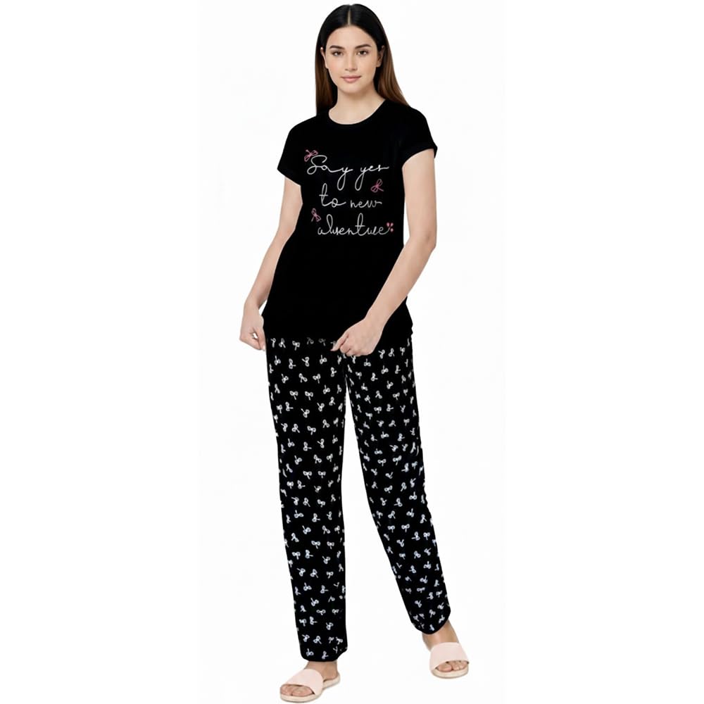 comfort lady Women’s Cotton Night Suit | Round Neck Printed T-Shirt with Pyjama | Relaxed Fit Sleepwear & Loungewear - NSTP1001-L-picture-8