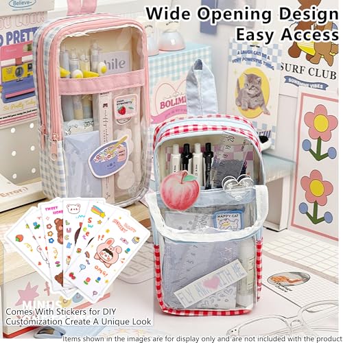Image of Cute Pen case Adorable Bunny Transparent 3-Layer Large Capacity Pencil Case Gadget organizer with Lovely Stickers (Black Plaid)