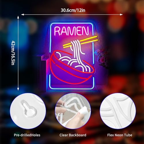 Image of Neon Sign, Ramen Neon Signs for Wall Decor Neon LED Signs Room Neon Light Up Signs Home Decor for Business Restaurant Bedroom Club Party Bars Shop Decoration USB Operated