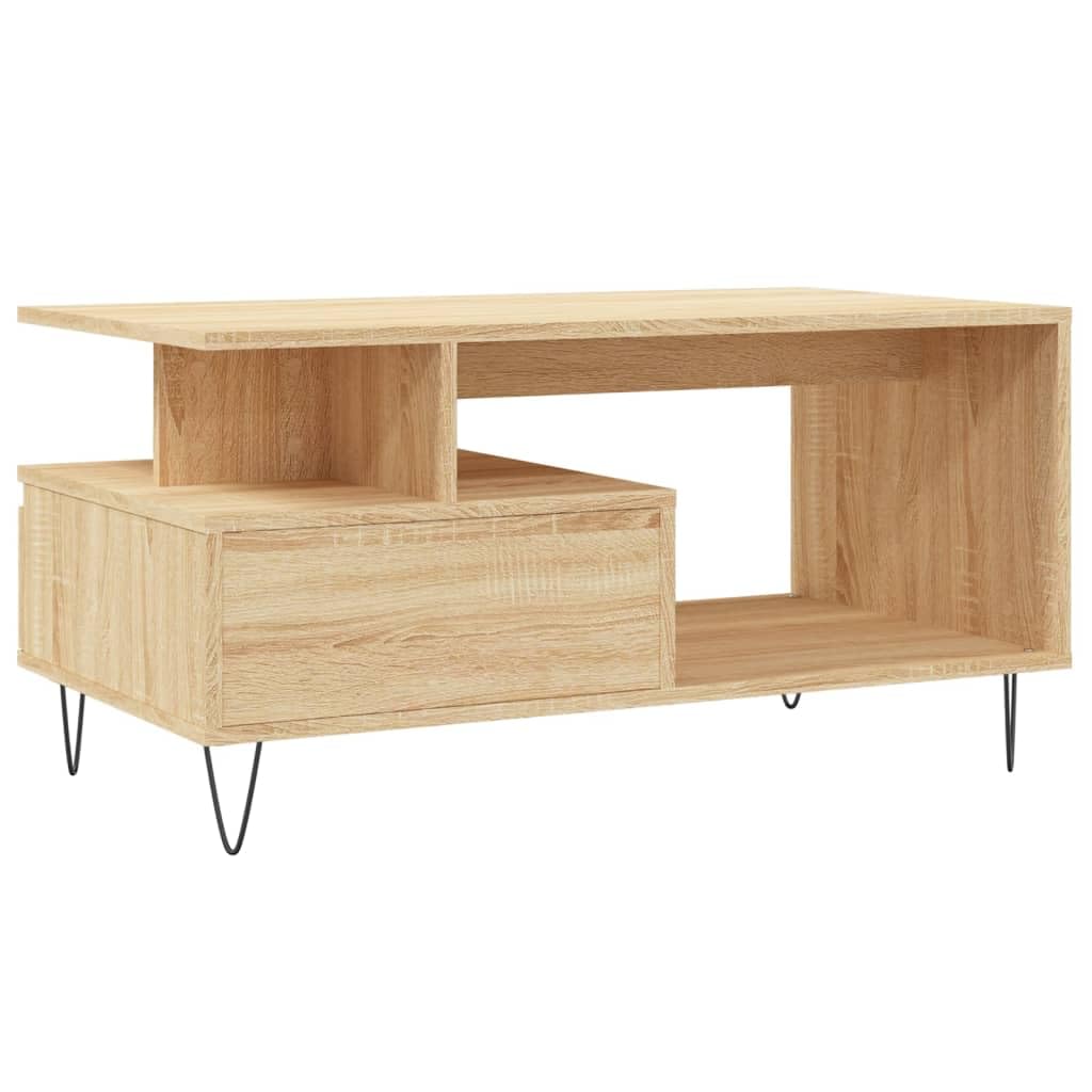 AUVYI Mesa de centro con cajón de roble Sonoma, 90 x 49 x 45 cm, material de madera y metal, mesa de salón con cajones, mesa auxiliar, mesa de sofá, aparador de madera