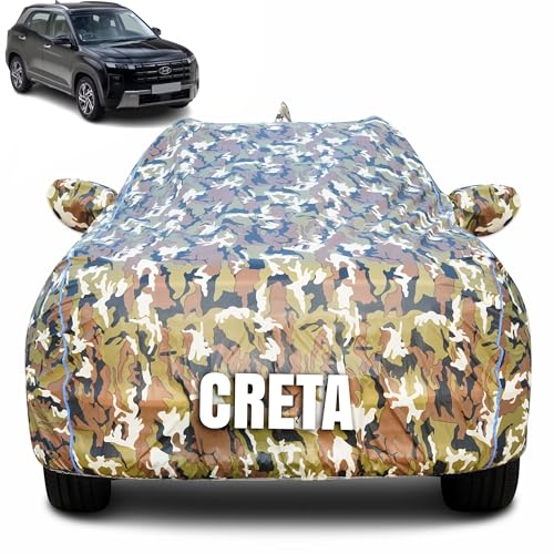Image of 100% Waterproof Car Body Cover for Hyundai Creta (2015-2025) with Mirror Pocket (Heat & UV Resistant, Triple Stitched, Soft Lining, Bottom Elastic & Piping) Camouflage, Military Print