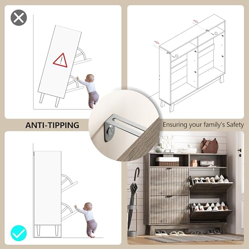 Image of Shoe Cabinet Storage for Entryway with 4 Flip Drawers, Fluted Narrow Shoe Organizer with Wooden Legs & Top Cubby, Freestanding Slim Shoe Storage Hidden Shoe Rack for Front Door Entrance, Grey
