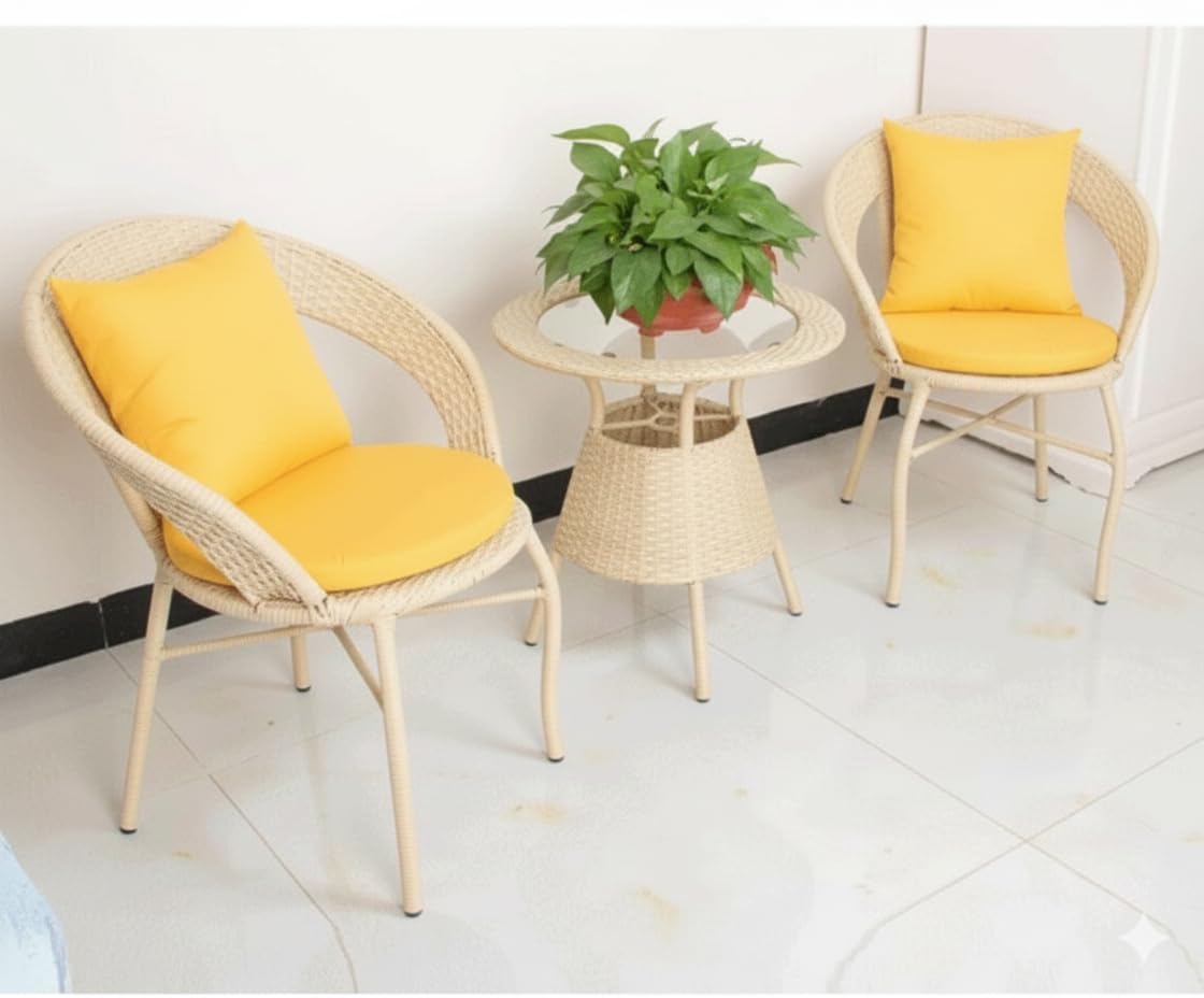 India Garden Patio Seating Chair and Table Set Outdoor Balcony Garden Coffee Table Set Furniture with Table and Chairs Set (Cream with Yellow Cushion and Pillow 2+1)-image-38