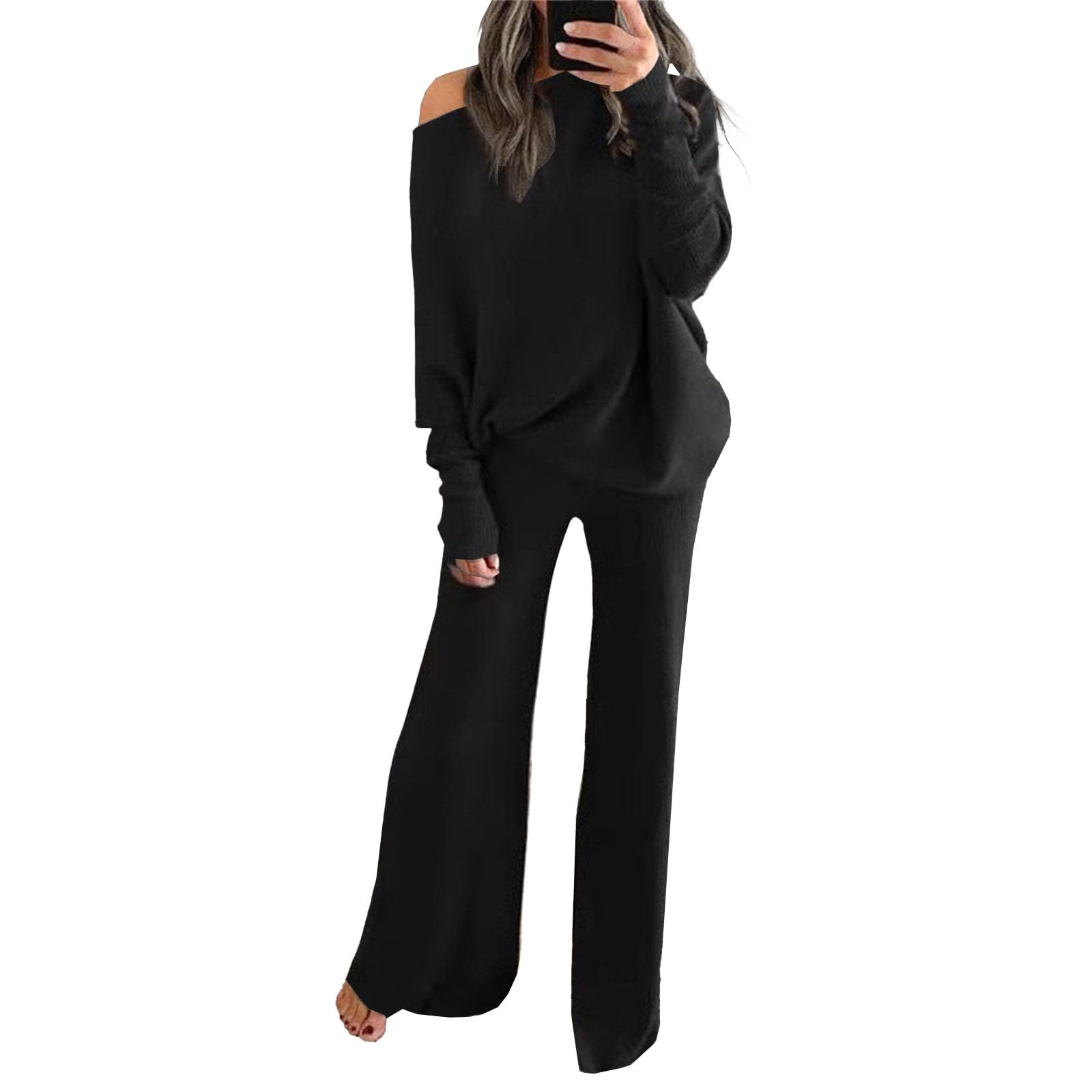 Womens Corduroy Sweater Pants Set Two Piece Loungewear Outfit Batwing Sleeve Loose Knit Top