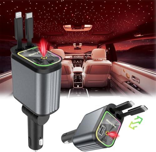 Image of Dangfly Retractable Car Charger with Starlight Projection on Car Roof | Car Accessories Super Fast Car Charger 4 in 1 | Compatible with iPhone and Android | Retractable Cables 32 Inch