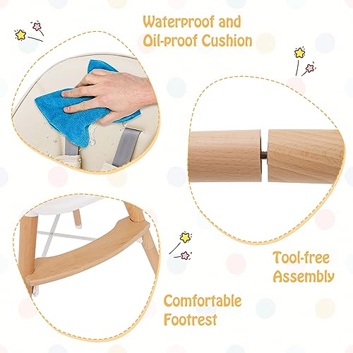 Image of BABY JOY Baby High Chair, Wooden High Chair for Babies & Toddlers with Dishwasher Safe Double Removable Tray, Infant Feeding Chair with 5-Point Safety Harness & Detachable PU Seat Cushion (Beige)