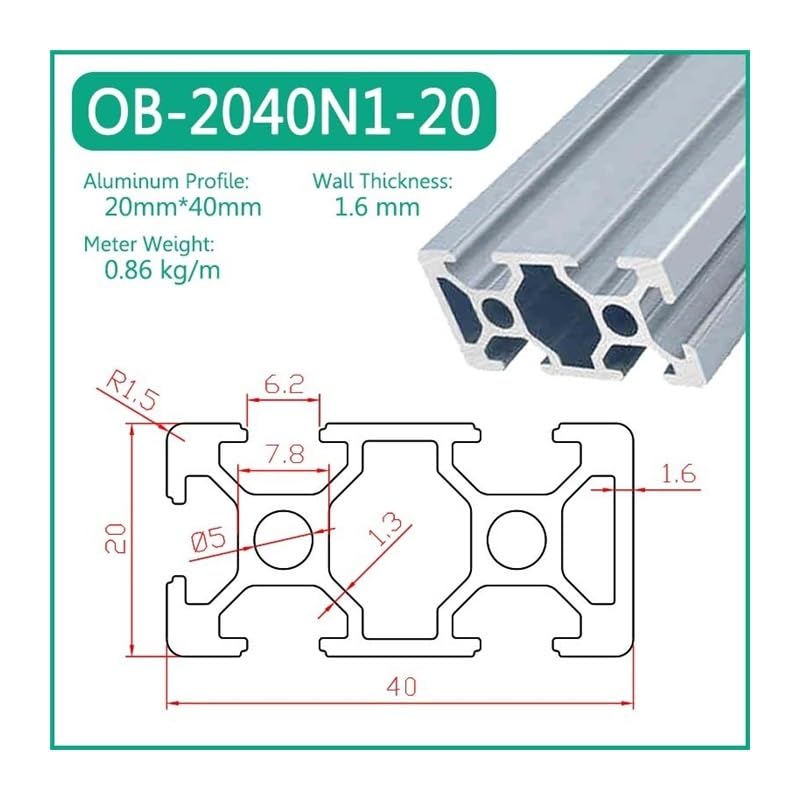 OB-2040N1-20 Perfil De Aluminio Con Ranura En T, Marco DIY, Máquina Extrusión Carril Lineal, Metal CNC, Sellado for Impresora 3D, 1 Ud(850mm)