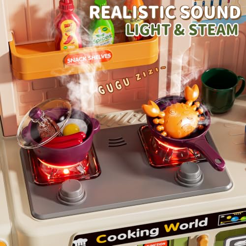 Image of Kids Kitchen Playset, 31.5 inch 73PCS Play Kitchen for Toddlers 1-3, with Steam, Sound & Light, Cooking Stove, Play Sink, Oven, Play Food and Toy Kitchen Accessories, Pretend Play Toys for Girls Gift