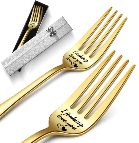 2Pcs Dinner Forks Funny Tableware Engraved With I Forking Love You, 8" Stainless Steel Forks Silverware Set, Birthday Valentine's Day Gift For Women Boyfriend Girlfriend Husband Wife - Gold #TOP1