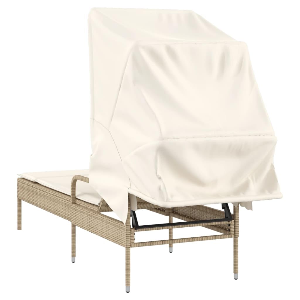 Sonnenliege mit Dach beige Poly Rattan, Gartenliege verstellbar mit Kissen, wetterfest UV-beständig, 200 cm Liegefläche für Garten, Balkon, Terrasse, Pool und Camping