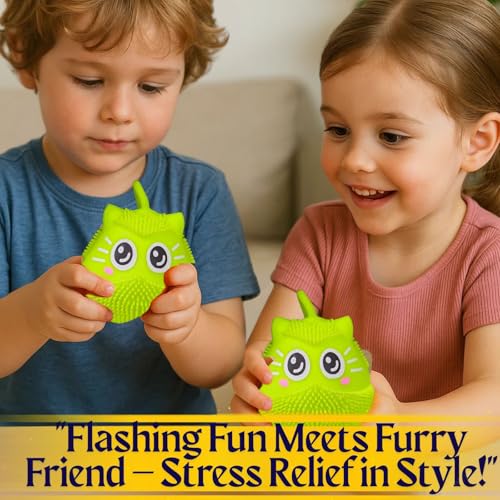 Image of GRAPHENE Flashing Squishy Stress Ball Soft Silicone Squeezable Puffer Sponge Stress Relief Toy Sensory Smiley LED Light Glowing Hair Cat Sensory Fidget Toys for Kids Birthday Gift (Pack of 1)
