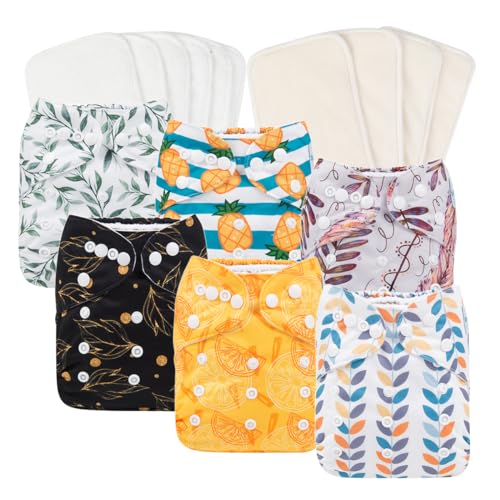 Image of Babygoal Reusable Neutral Cloth Diapers 6 Pack with 10pcs Inserts, One Size Adjustable Washable Pocket Nappy Covers for Baby Boys and Girls 6FN06