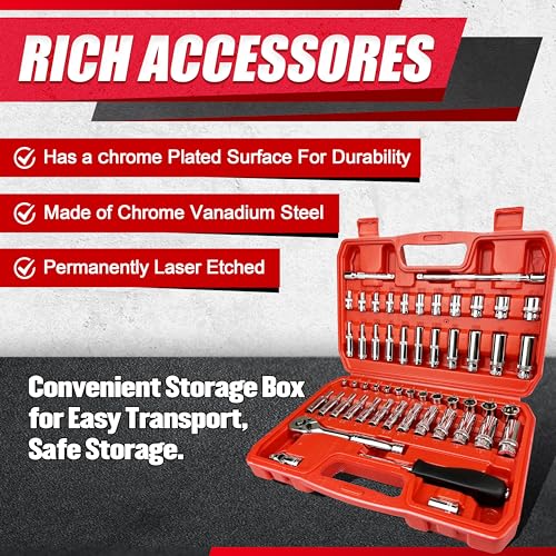 Image of EACELIY 54pcs 1 /4 inch Socket Set,Drive Impact Socket Set, SAE /Metric, Deep & Shallow with Universal Joint,Extension Bars,Hex Bit Holder, Spinner Handle,Ratchet,Cr-V Steel,6 Point,4-14mm,5 /32-9 /16 inch