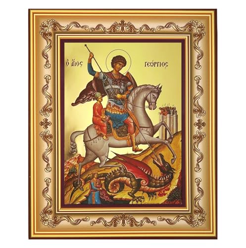 Needzo Saint St George Icon Authentic Greek Orthodox Byzantine Icon Gold Foil Framed - Wall Hanging and Sanding 7 3/4 Inch, Religious Gift