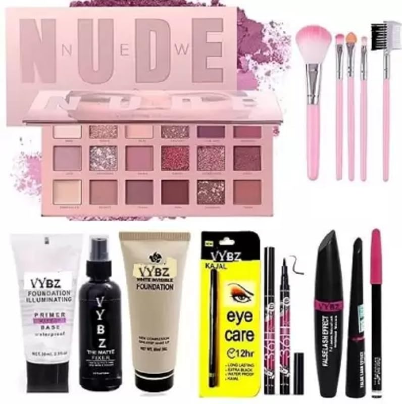 Vybz Eyeshadow Makeup kit, 5pc Brush set, Primer, Fixer, foundation, Sketch Eyeliner & Kajal + 3in1 (MASCARA, EYELINER, PENCIL) (10 Items in the set)
